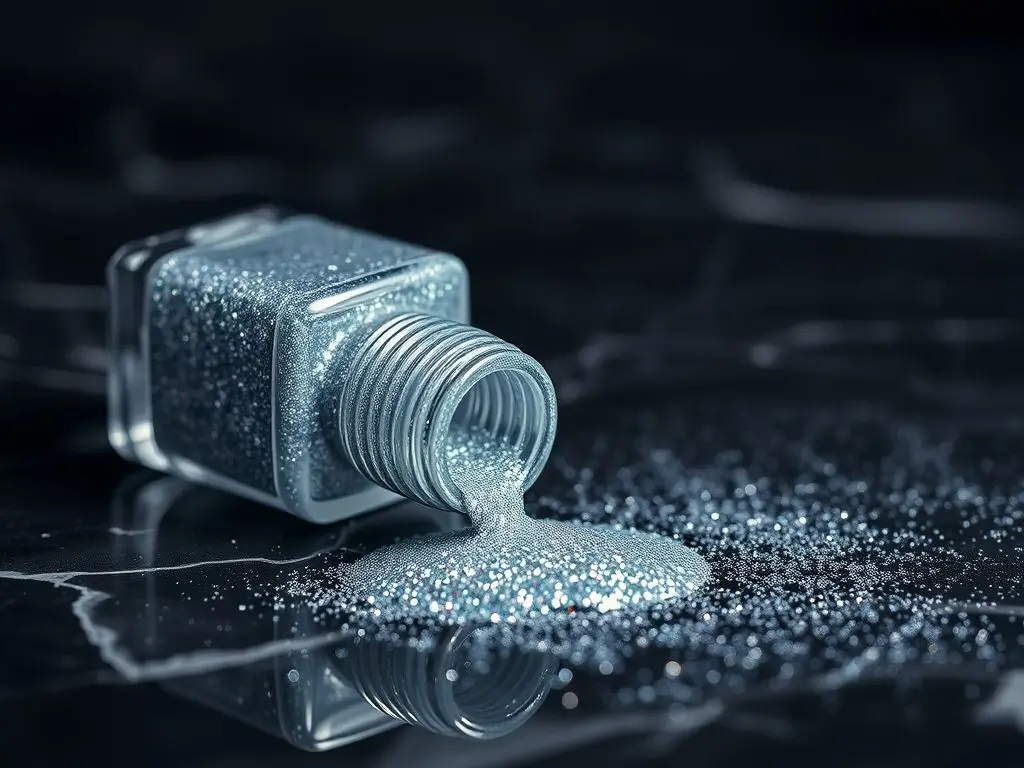 Spilled shimmering silver glitter nail polish for glamorous USA manicures