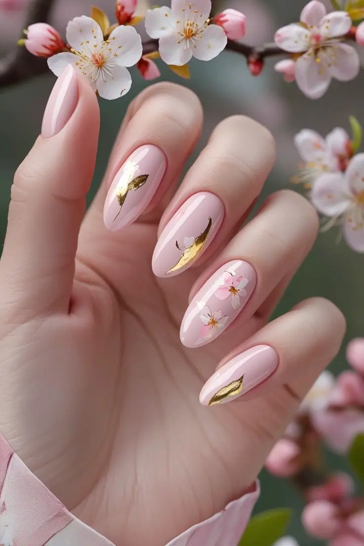 Close-up of a hand with long almond nails featuring soft blush pink polish, gold foil accents, and hand-painted cherry blossom flowers, showcasing an elegant and trending spring nail art design popular in the USA.