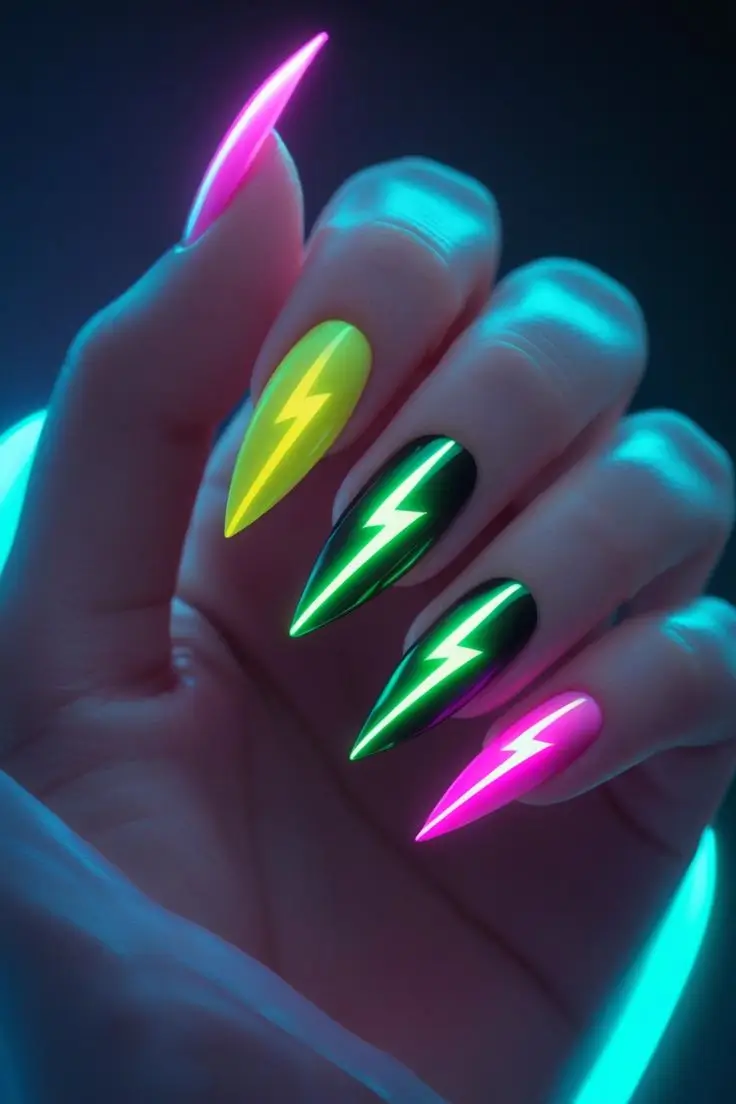 Close-up of a hand with long stiletto nails featuring electric neon lightning bolt nail art designs in glowing pink, yellow, black, and green, showcasing a bold and futuristic nail trend in the USA.