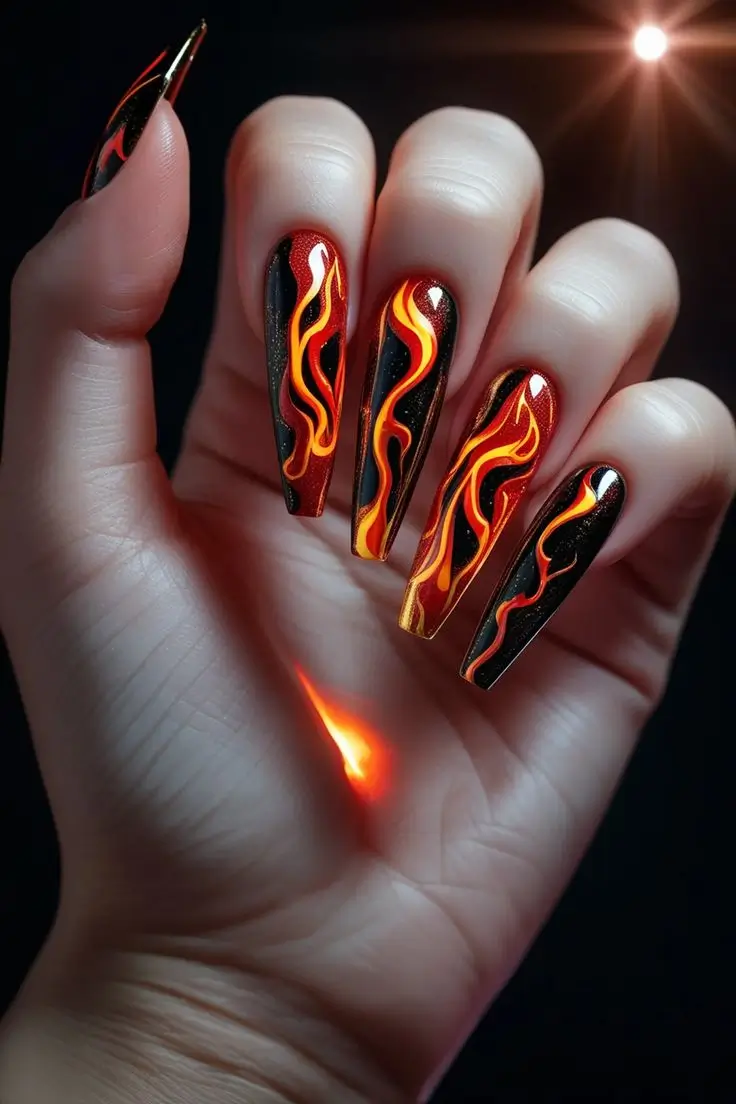 Close-up of a hand with long black coffin nails featuring a molten lava metallic nail art design with swirling red and gold flames, showcasing a bold and fiery trend for US manicures.