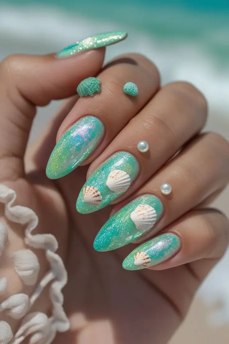 Close-up of a hand with iridescent teal green almond nails featuring 3D white seashells and pearl embellishments, showcasing a beautiful ocean-themed mermaid nail art design trending in the USA.