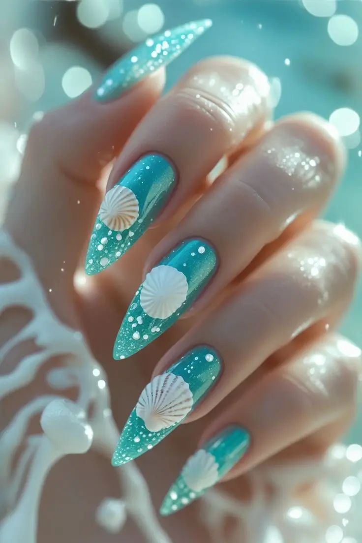 Close-up of a hand with long stiletto nails featuring opalescent aqua nail art with 3D water droplets and white seashell embellishments, showcasing a beach-inspired ocean drip design trending in USA manicures.