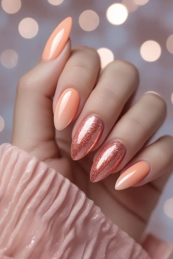 Close-up of a hand with elegant almond nails featuring a peach fizz glitter ombre nail art design, showcasing a soft peach polish blended with sparkling rose gold glitter for a trendy USA manicure.