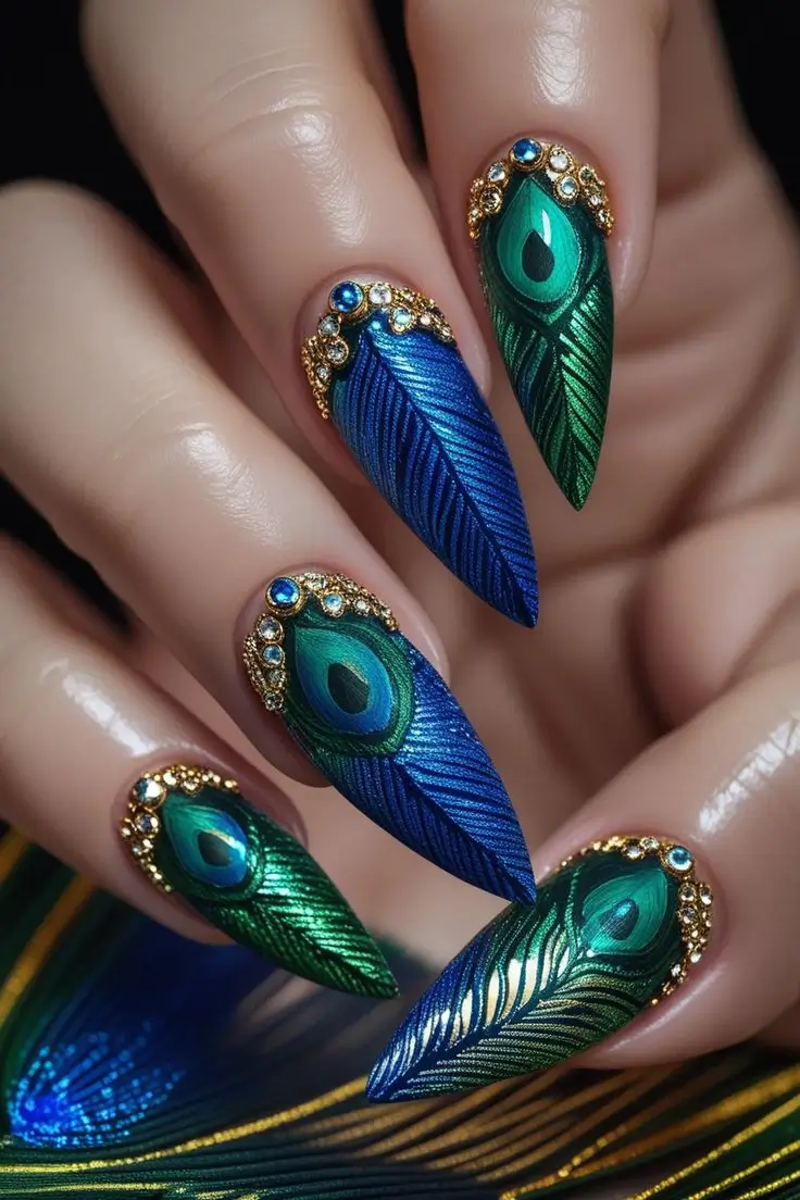Close-up of a hand with long stiletto nails featuring peacock jewel fantasy nail art with intricate emerald green and sapphire blue feather designs, adorned with gold accents and rhinestones, showcasing a luxurious and trending look for US manicures.