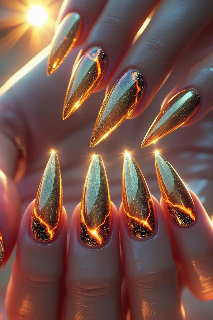 Close-up of a hand with long stiletto nails featuring a solar flare gold chrome gradient nail art design with glowing red and orange lava cracks, showcasing a luxurious and fiery trend for US manicures.