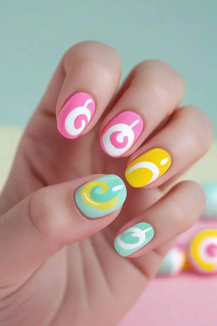 Close-up of a hand with oval-shaped nails featuring cute candy swirl nail art with bright pastel pink, yellow, and mint green colors and white swirl designs, showcasing a playful and trending look for US manicures.
