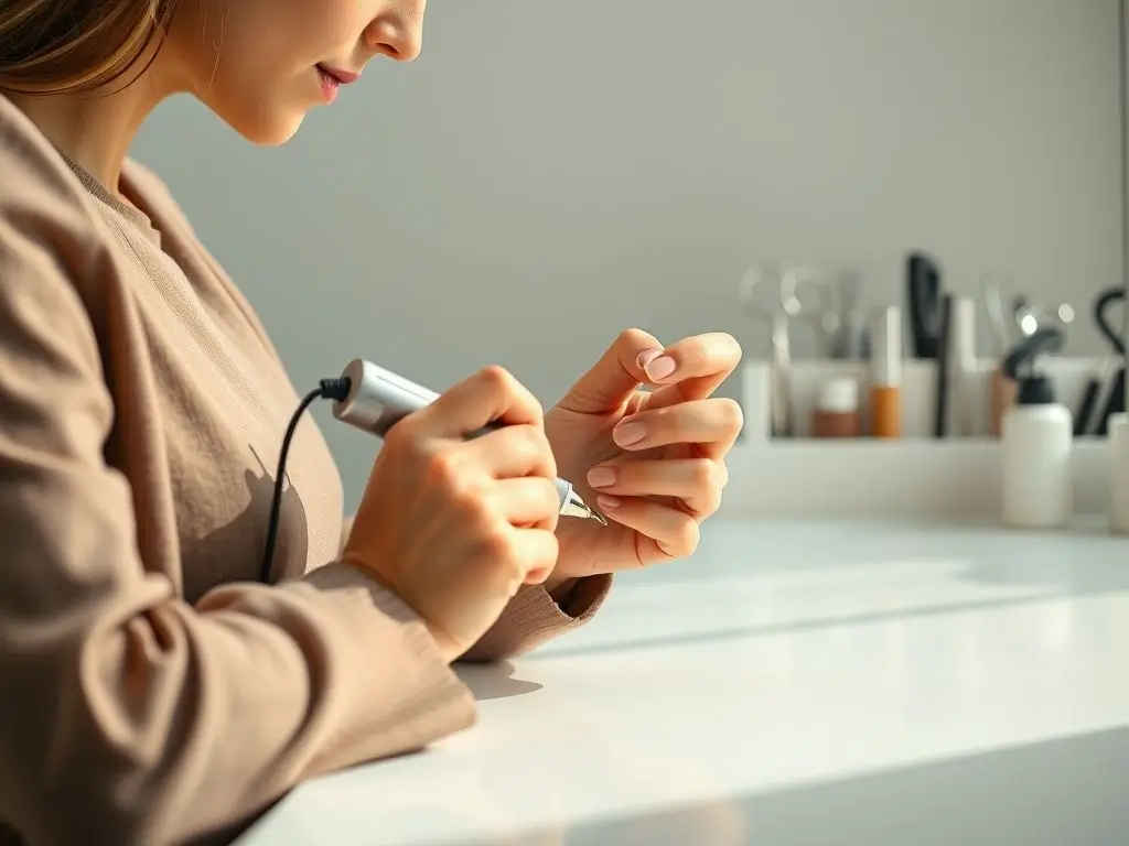 Woman using electric nail drill file kit for a professional manicure in USA