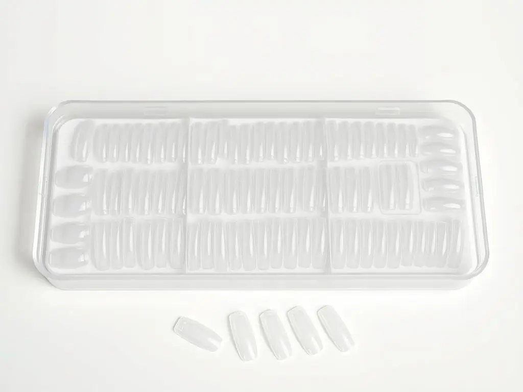 Clear transparent fake nails in a kit, ideal for professional manicures in USA