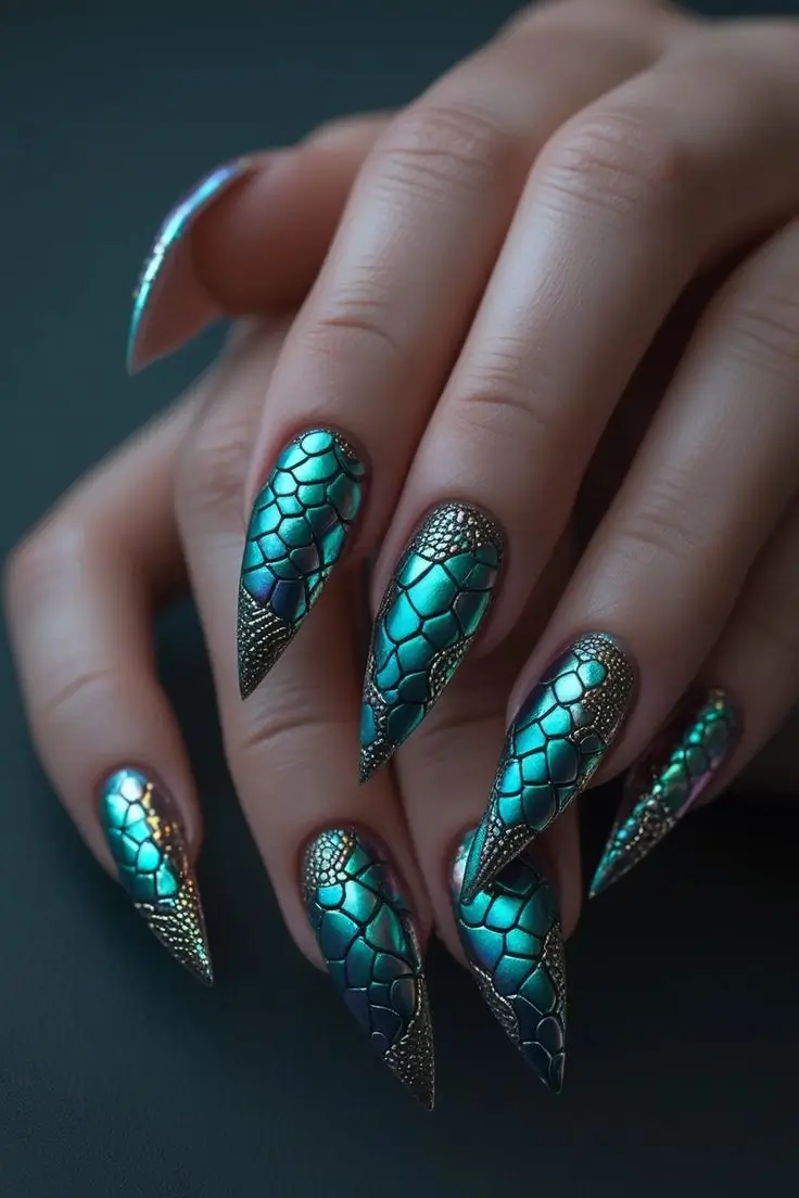 Close-up of a hand with long stiletto nails featuring holographic snake skin nail art with iridescent green and blue scales and metallic textured bases, showcasing a futuristic and trending design for US manicures.