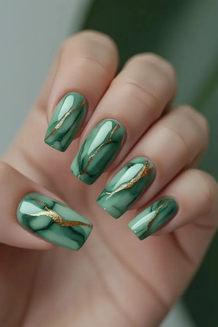 Close-up of a hand with square-shaped nails featuring jade marble nail art with swirling green patterns and intricate gold vein detailing, showcasing an elegant and trending design for US manicures.
