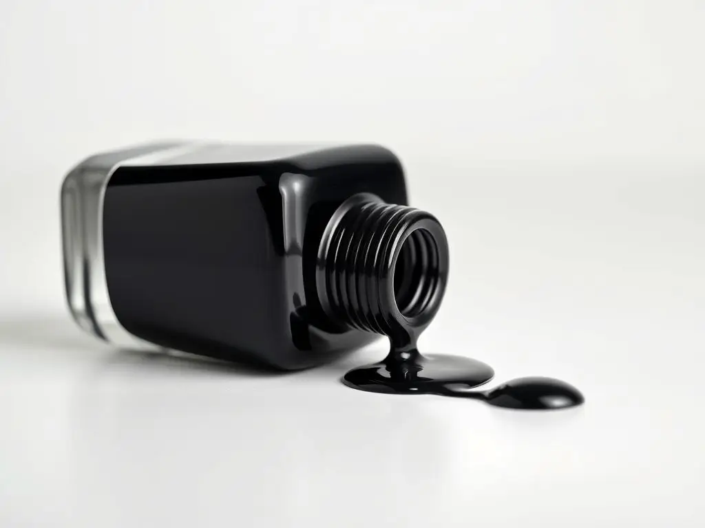 Spilled black nail polish bottle on a clean white surface for modern manicures USA