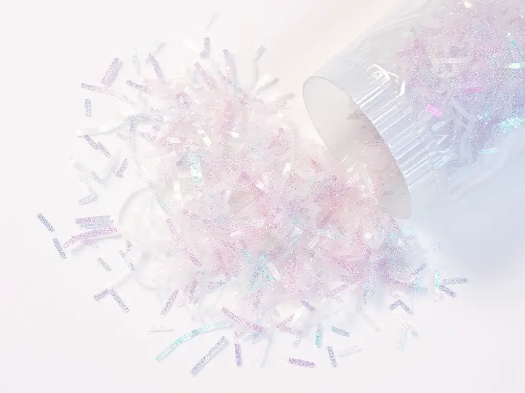 Iridescent transparent glitter paper shreds spilling from a bag for nail art USA