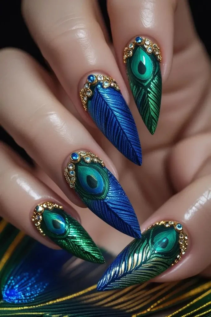 Close-up of a hand with long stiletto nails featuring peacock jewel fantasy nail art with intricate emerald green and sapphire blue feather designs, adorned with gold accents and rhinestones, showcasing a luxurious and trending look for US manicures.
