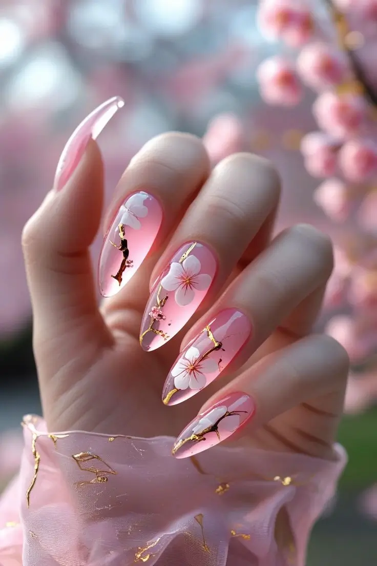 Close-up of a hand with long almond nails featuring sakura blossom glass nail art with translucent pink base, white cherry blossom petals, dark branches, and gold foil accents, showcasing a delicate and trending floral design for US manicures.
