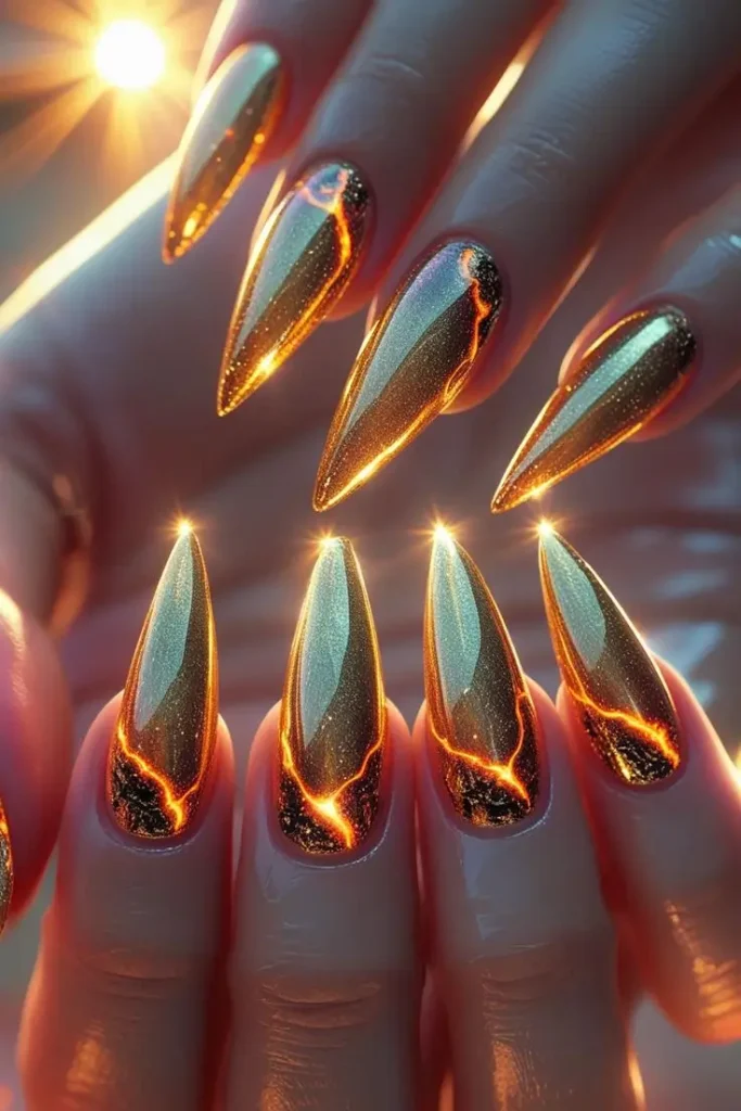 Close-up of a hand with long stiletto nails featuring a solar flare gold chrome gradient nail art design with glowing red and orange lava cracks, showcasing a luxurious and fiery trend for US manicures.