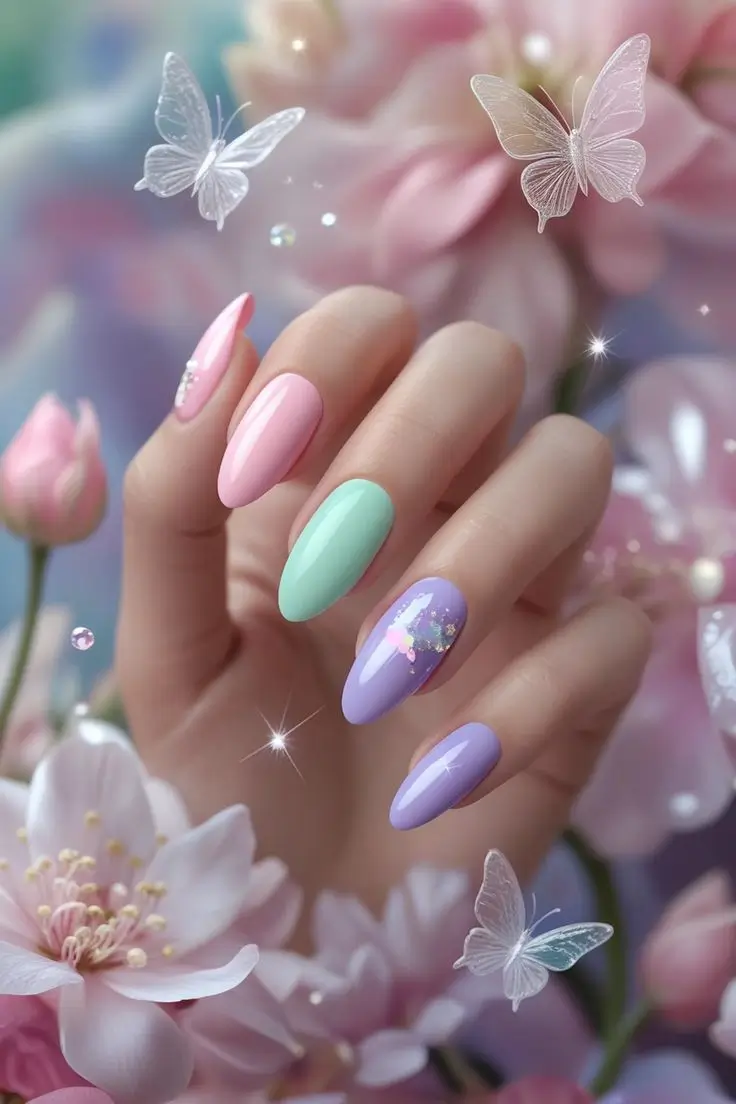 Close-up of a hand with oval-shaped nails featuring whimsical pastel butterfly nail art with solid pink, mint green, and lavender polishes, accented by glitter, showcasing a soft and dreamy trend for US manicures.