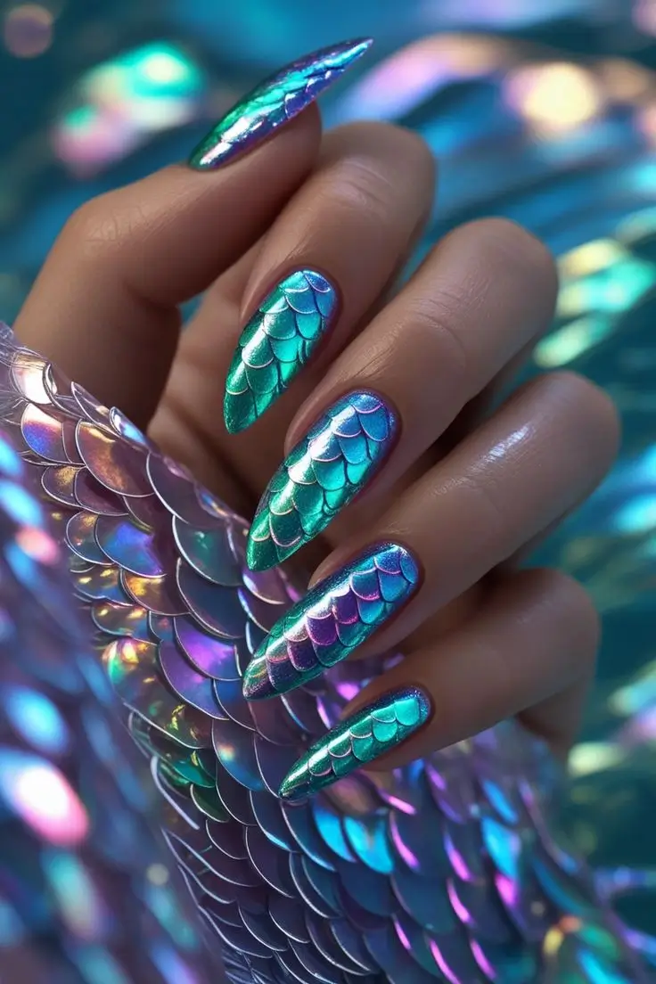 Close-up of a hand with long stiletto nails featuring iridescent mermaid scale chrome nail art with shimmering blue, green, and purple shifting colors, showcasing a mystical and trending ocean-inspired design for US manicures.