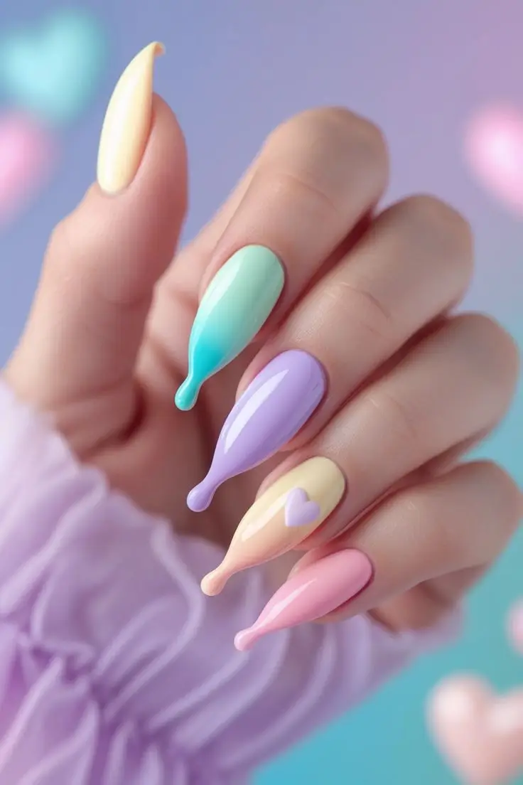 Close-up of a hand with oval nails featuring cute candy swirl nail art with bright pastel pink, yellow, and mint green bases and white lollipop-like patterns, showcasing a playful and trending design for US manicures.
