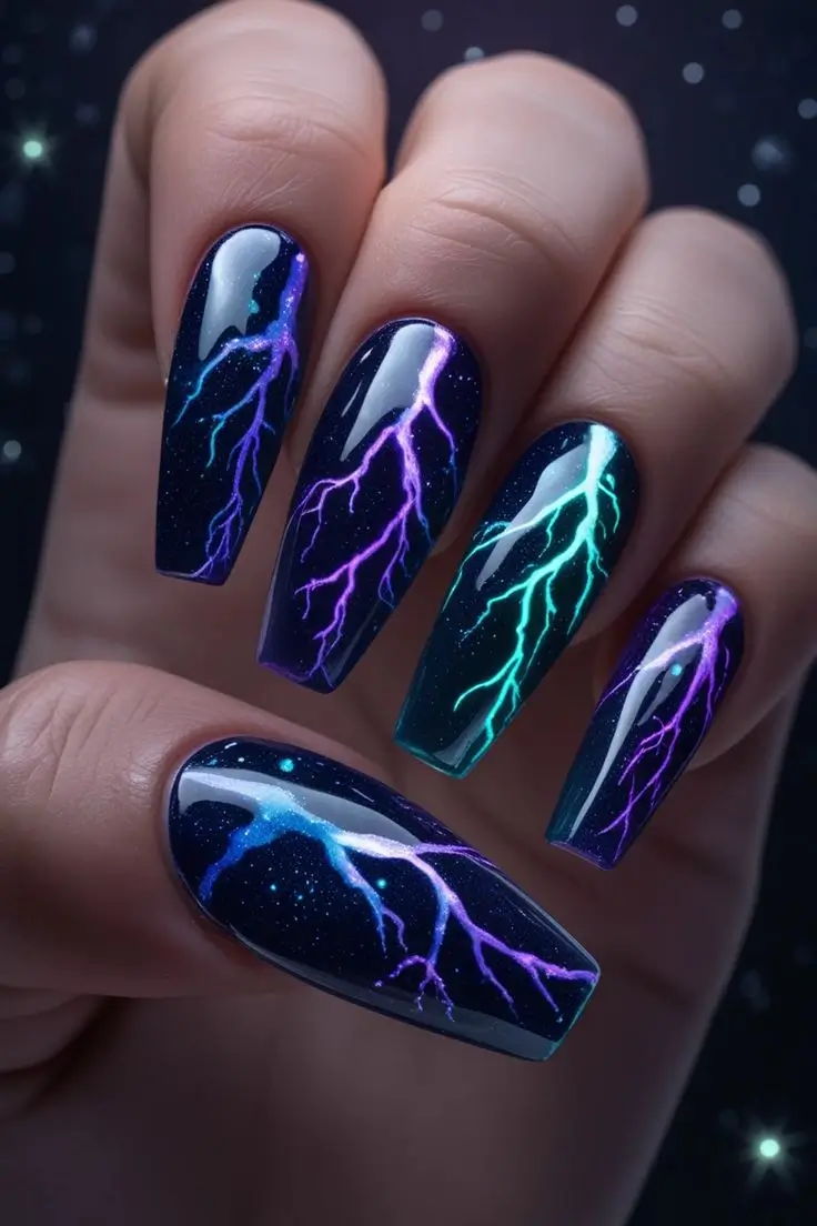 Close-up of a hand with long coffin nails featuring celestial galaxy veins nail art with an indigo, purple, and teal cosmic background and glowing lightning-like patterns, showcasing a mystical and trending design for US manicures.