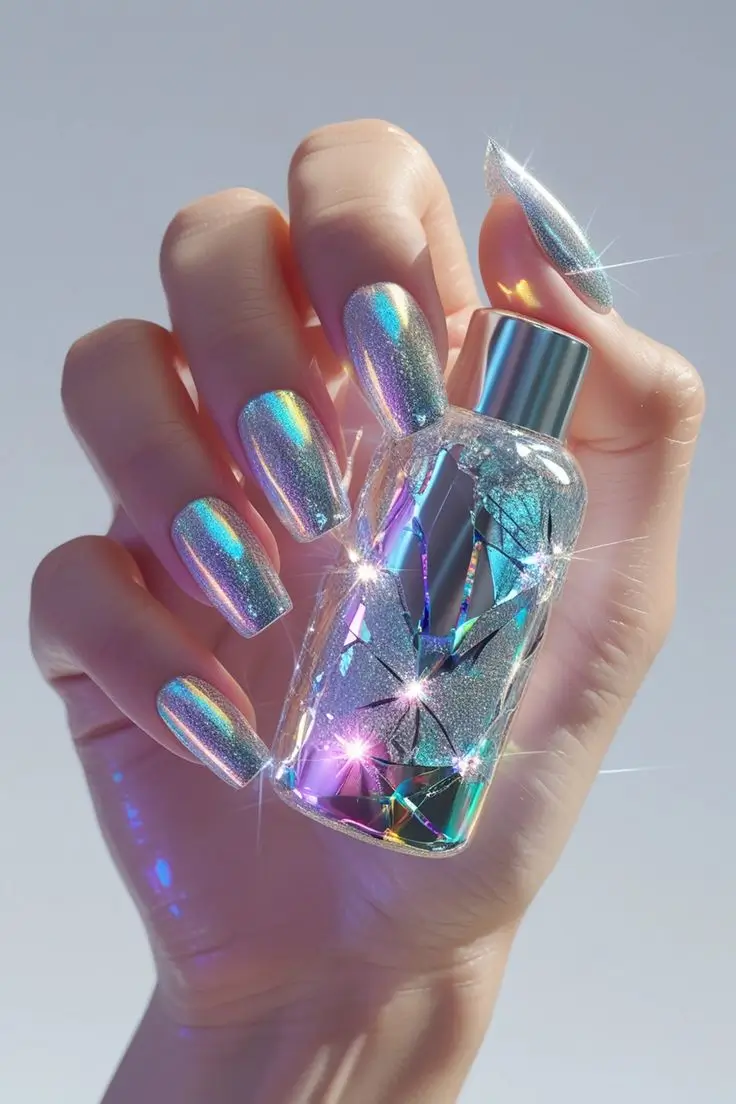 Close-up of a hand with long almond nails featuring galactic smoke marble nail art with swirling purple, blue, and black cosmic patterns, silver accents, and white stars, showcasing a mystical and trending design for US manicures.