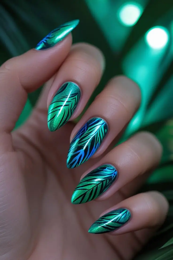Close-up of a hand with long almond nails featuring electric rainforest holographic nail art with a shifting green and teal base and black leaf patterns, showcasing a jungle-inspired and trending design for US manicures.