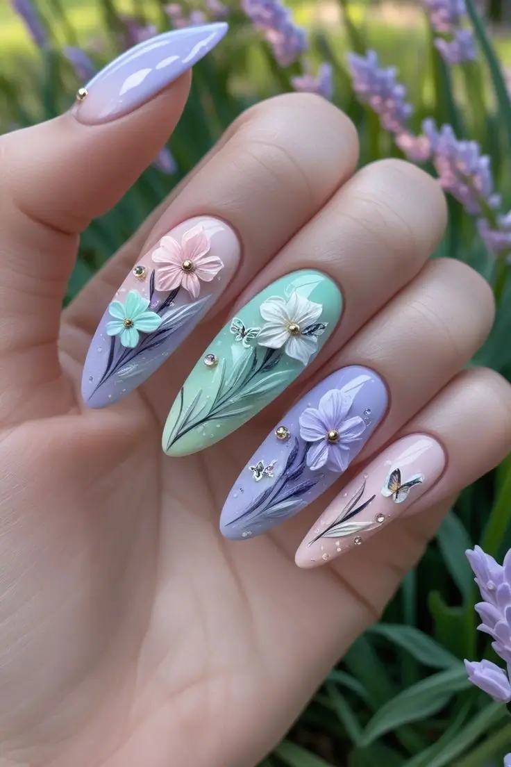 Close-up of a hand with long almond nails featuring enchanted garden bloom nail art with soft pastel pink, mint green, and lavender bases, 3D flowers, green leaves, butterfly accents, and rhinestones, showcasing a whimsical and trending design for US manicures.
