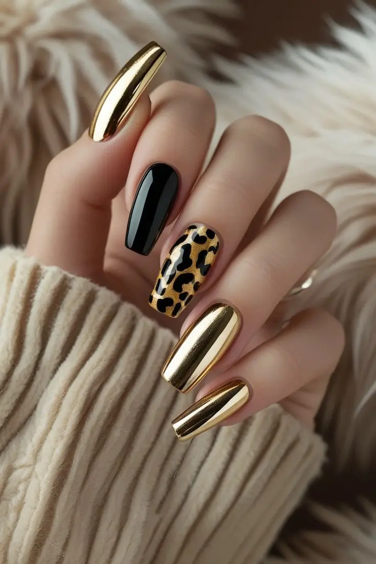 Close-up of a hand with long coffin nails featuring gold chrome and black polish with one accent nail in leopard print, showcasing a glamorous and trending design for US manicures.