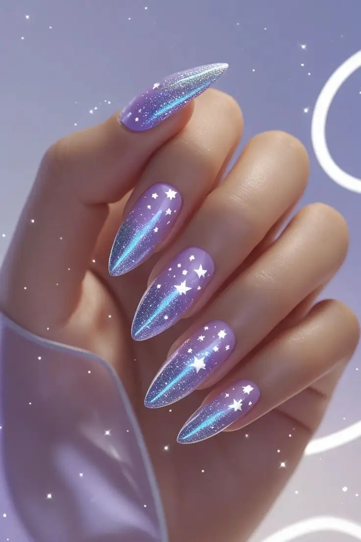 Close-up of a hand with long almond nails featuring holographic starburst French tips with a lavender base, silver iridescent tips, and white star accents, showcasing a celestial and trending design for US manicures.