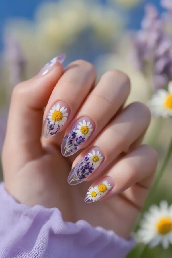 Close-up of a hand with oval nails featuring pressed flower botanical nail art with embedded white daisies and purple lavender in a clear, glossy finish, showcasing a spring-inspired and trending design for US manicures.
