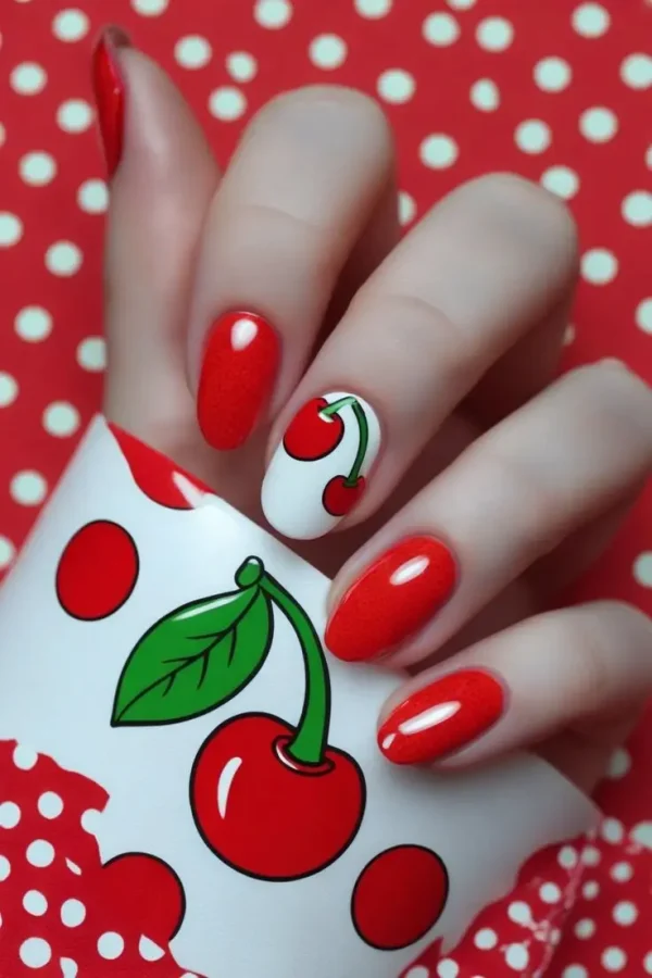 Close-up of a hand with oval nails featuring retro cherry pop nail art with bright red polish and a white accent nail with a cartoon cherry illustration, showcasing a playful and trending design for US manicures.