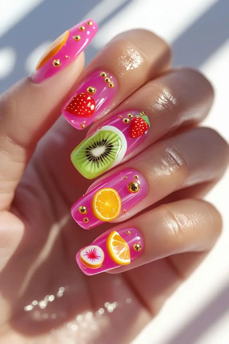 Close-up of a hand with coffin nails featuring tropical jellyfruit burst nail art with a vibrant pink translucent base, 3D fruit slices (strawberry, kiwi, orange), and gold bead accents, showcasing a playful and trending summer design for US manicures.