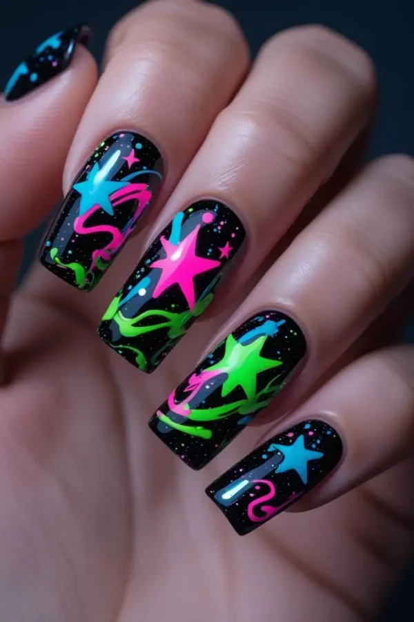 Close-up of a hand with long coffin nails featuring neon galaxy graffiti nail art with a black base and vibrant, UV reactive stars and abstract swirls in neon pink, green, and blue, showcasing a bold and trending design for US manicures.