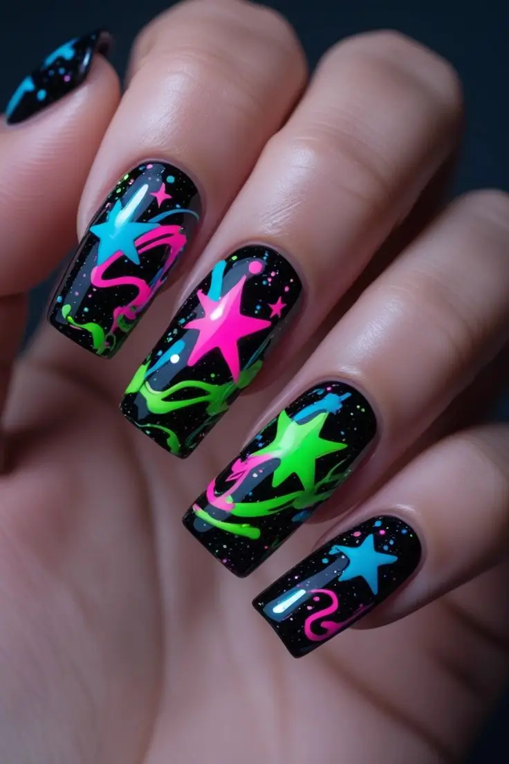Close-up of a hand with long coffin nails featuring neon galaxy graffiti nail art with a black base and vibrant, UV reactive stars and abstract swirls in neon pink, green, and blue, showcasing a bold and trending design for US manicures.